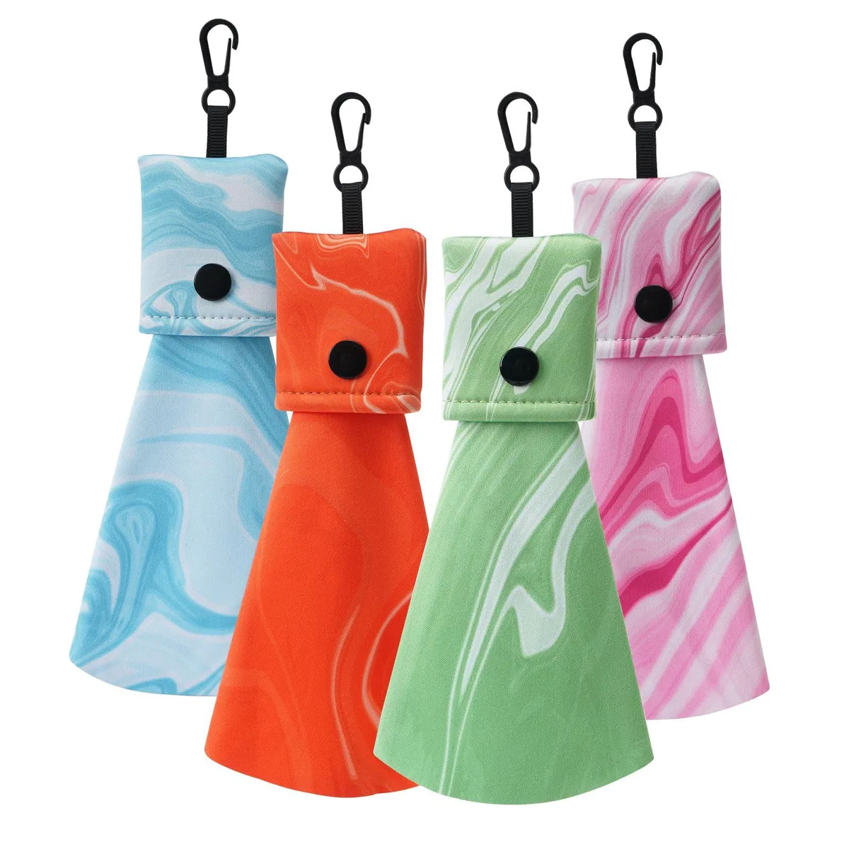 Four colourful microfibre cloths with keychain clips in a storage pouch
