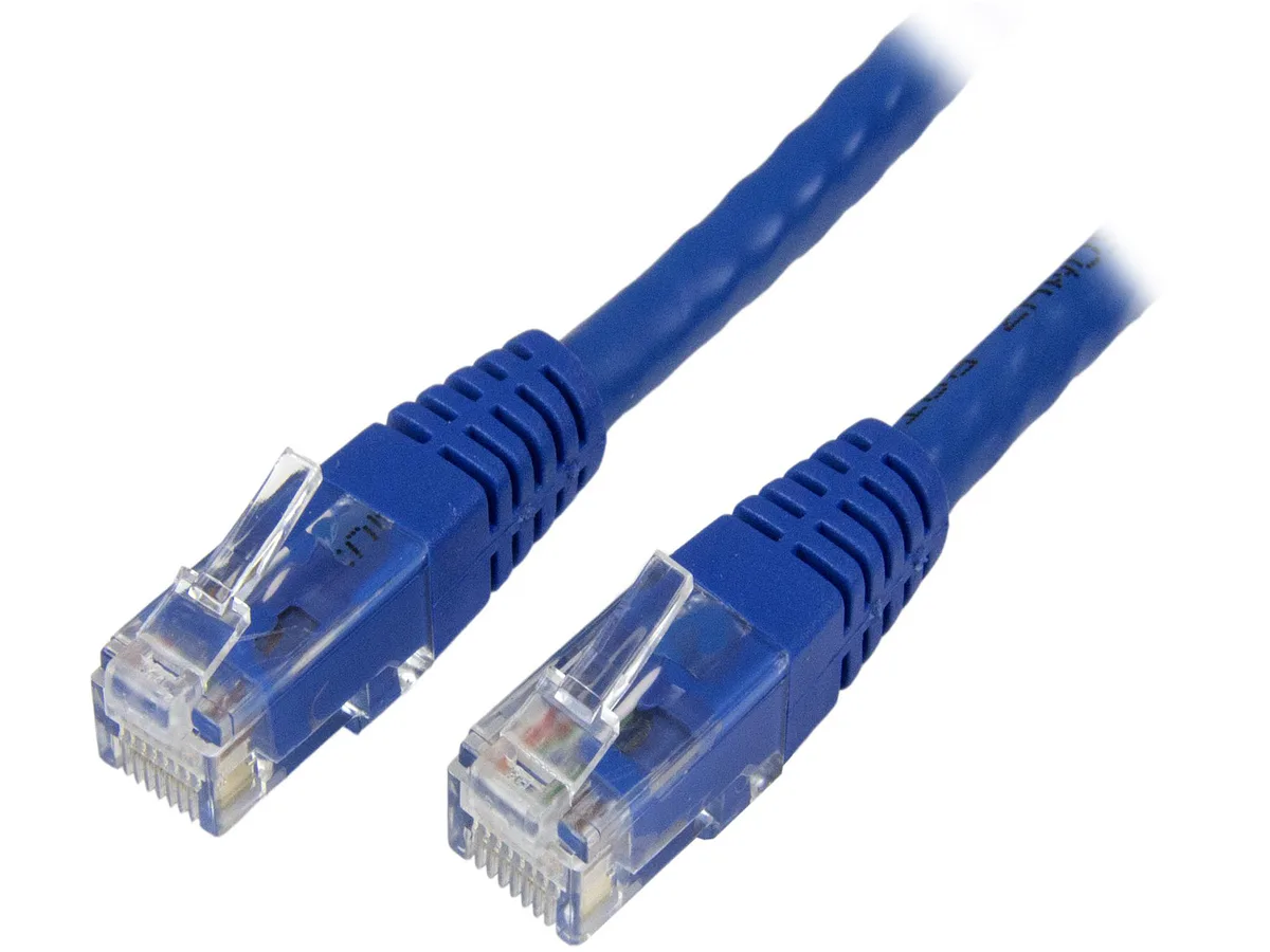 Blue Cat6 Ethernet cable with moulded RJ45 plugs, 75 ft length