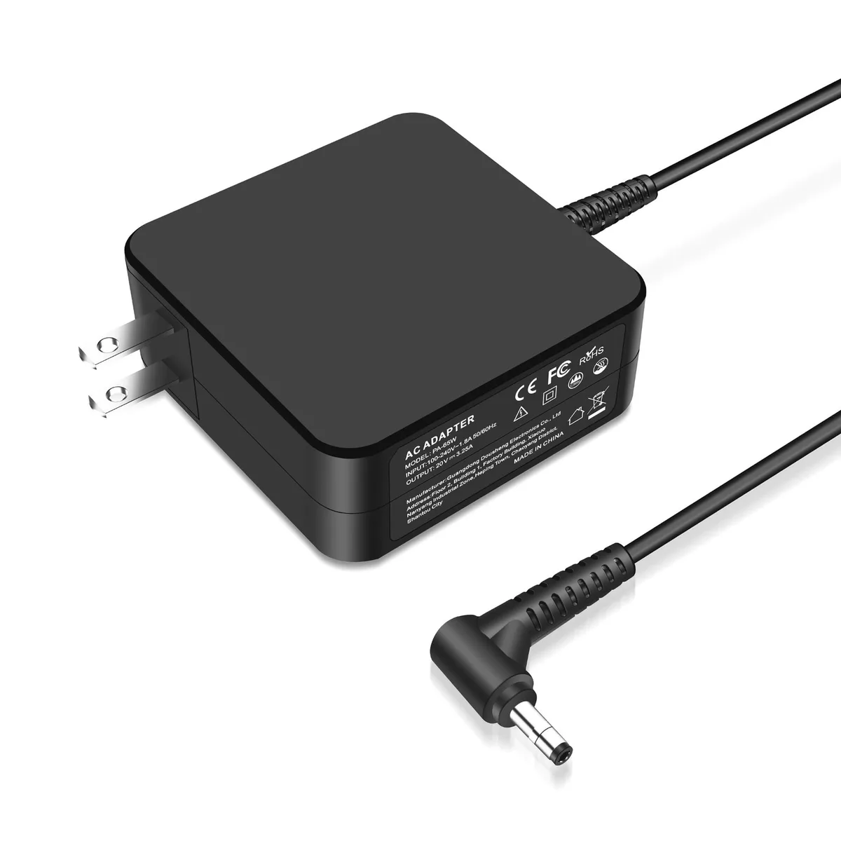 Black rectangular Dell 65W AC adapter with 4.0x1.7mm barrel connector and two-pin plug