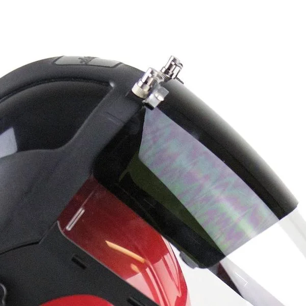 Black polycarbonate face shield with chin guard and universal hard-hat adapter