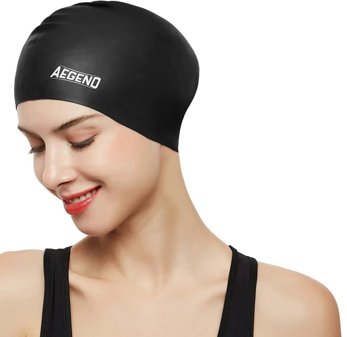 Black silicone swim cap with asymmetrical shape for long hair
