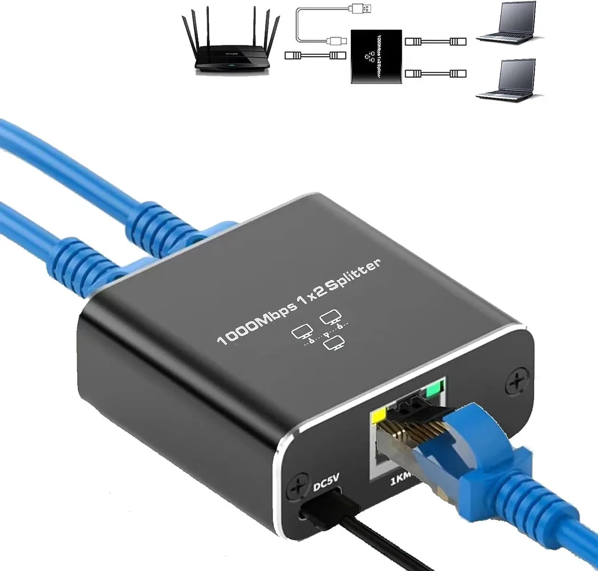 AUBEAMTO AUBEAMTO OZHW3 Gigabit RJ45 Ethernet Splitter 1 to 2 with USB Cable — product photo