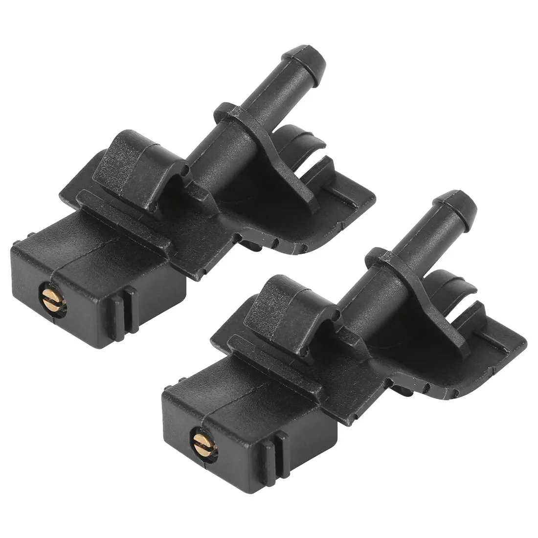 Two black plastic windshield washer nozzles with single spray holes side by side