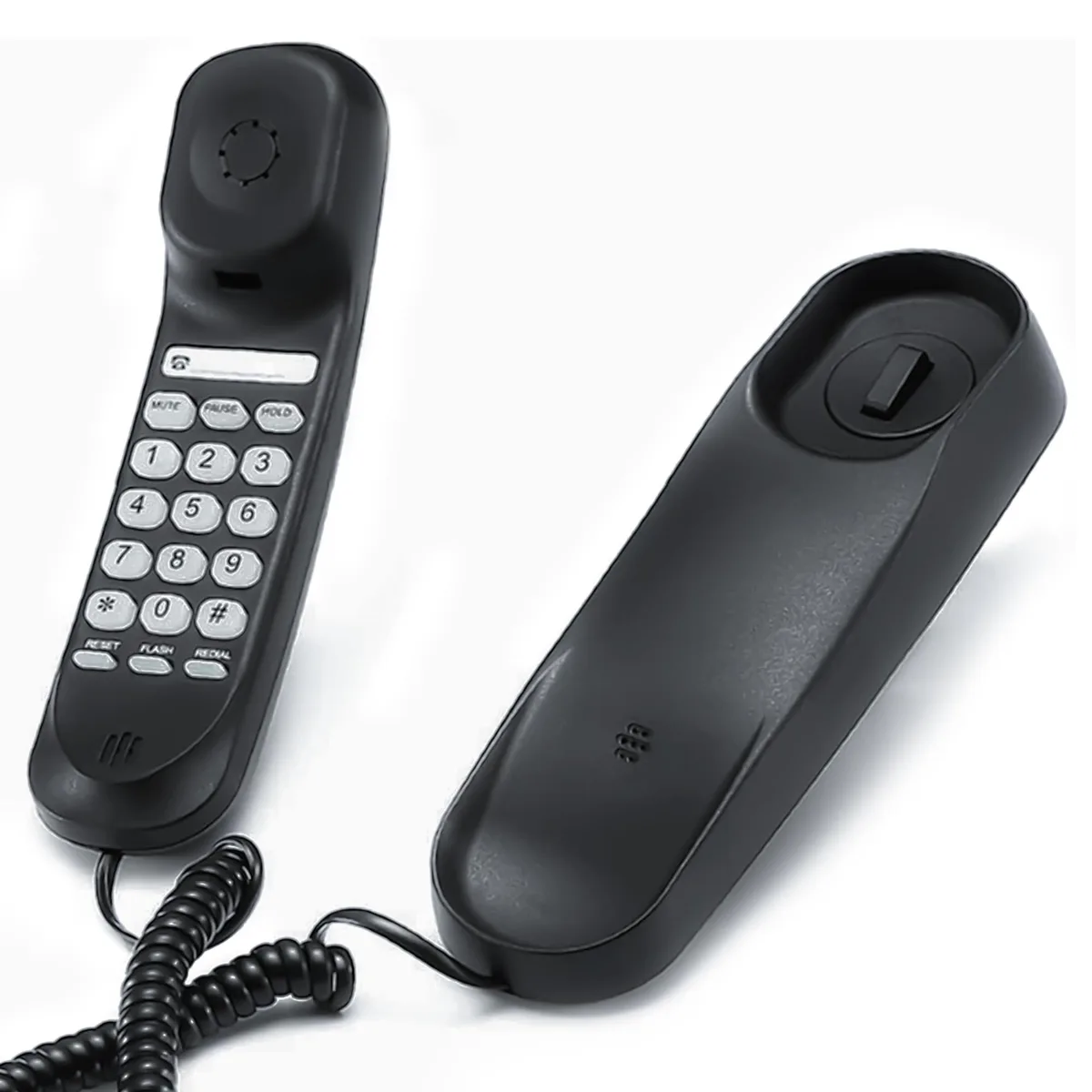 Small black corded desk phone, cube-shaped, large buttons