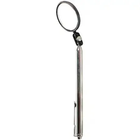 Telescoping inspection mirror with 1-1/2 inch round glass and brass handle extends to 24 inches