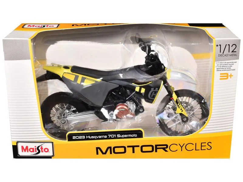 Pop Race Pop Race 2023 Husqvarna 701 Supermoto 1/12 Matt Black Gray Yellow White hobby collectible — product photo