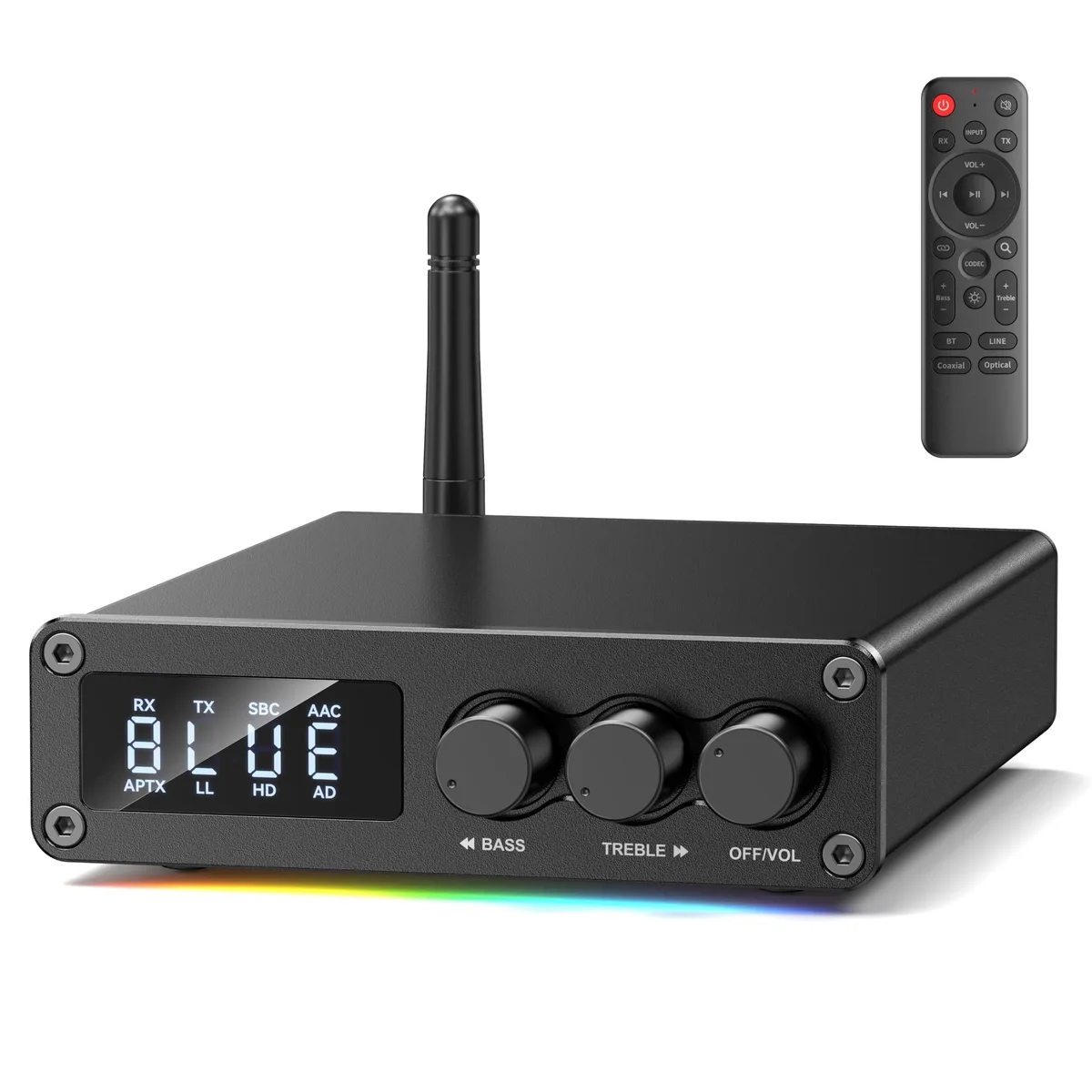 Compact Bluetooth 5.2 audio adapter with volume knob and digital display
