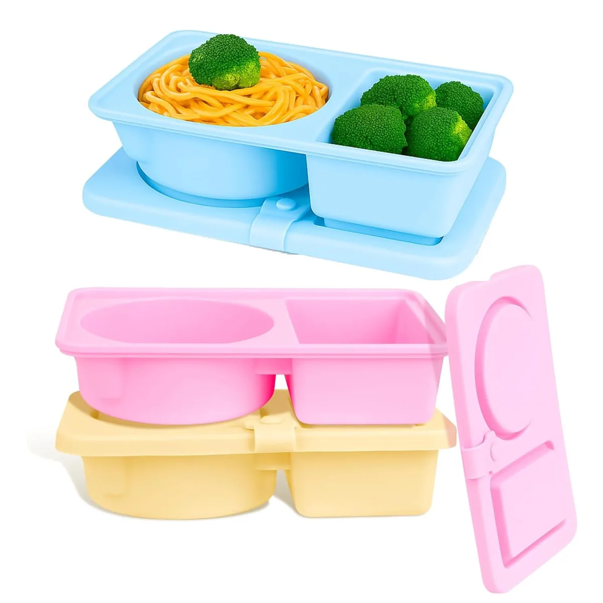 Three small rectangular silicone containers with hinged lids in three different colours