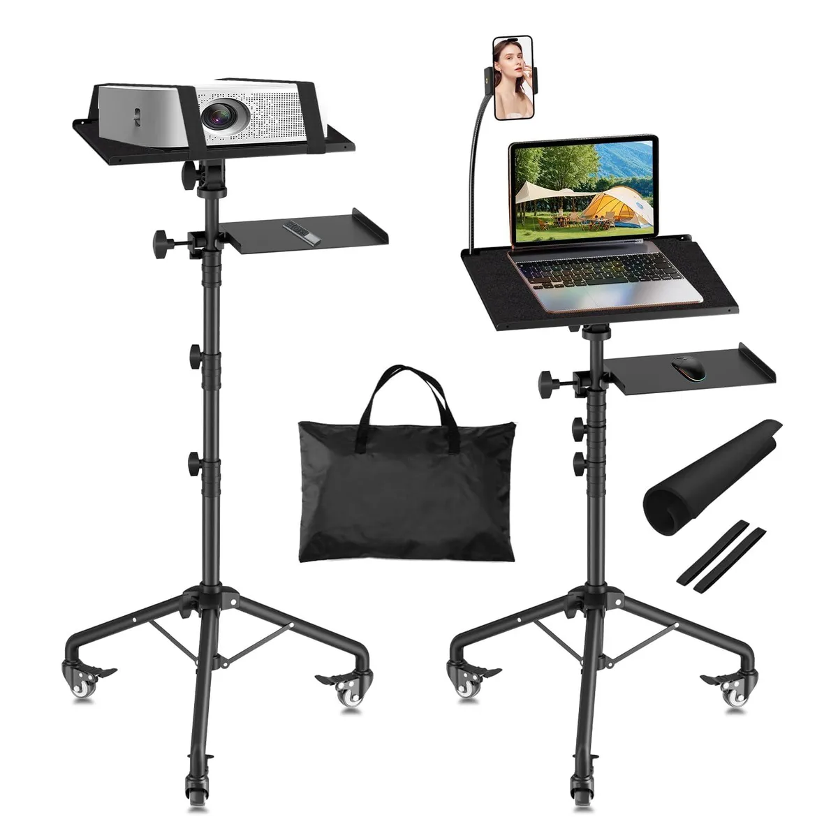 White metal tripod stand on four lockable wheels, two shelves, gooseneck phone holder, folds flat