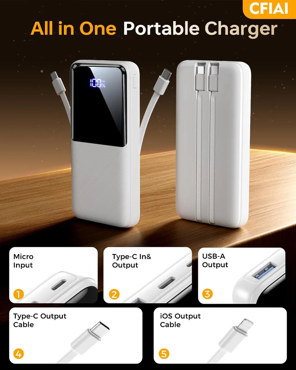  CFIAI PB-08 15000mAh power bank 22.5W built-in cable — product photo