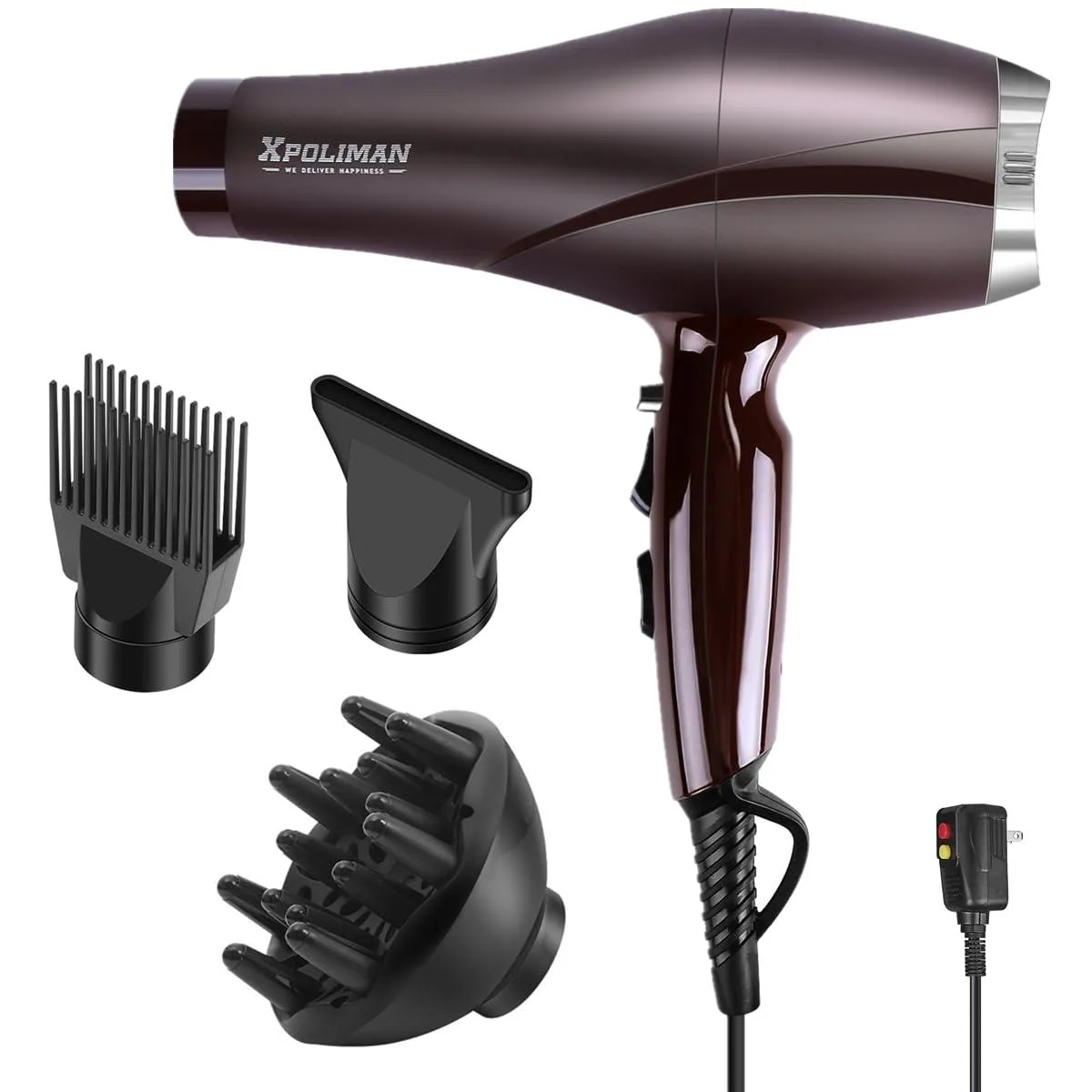Purple hair dryer with diffuser and concentrator attachments