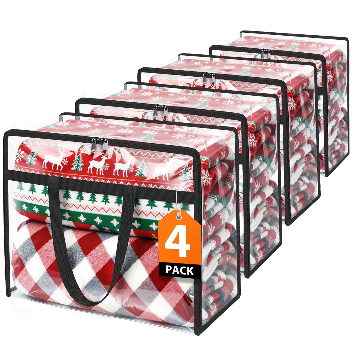 Four clear vinyl storage bags with zippers and handles