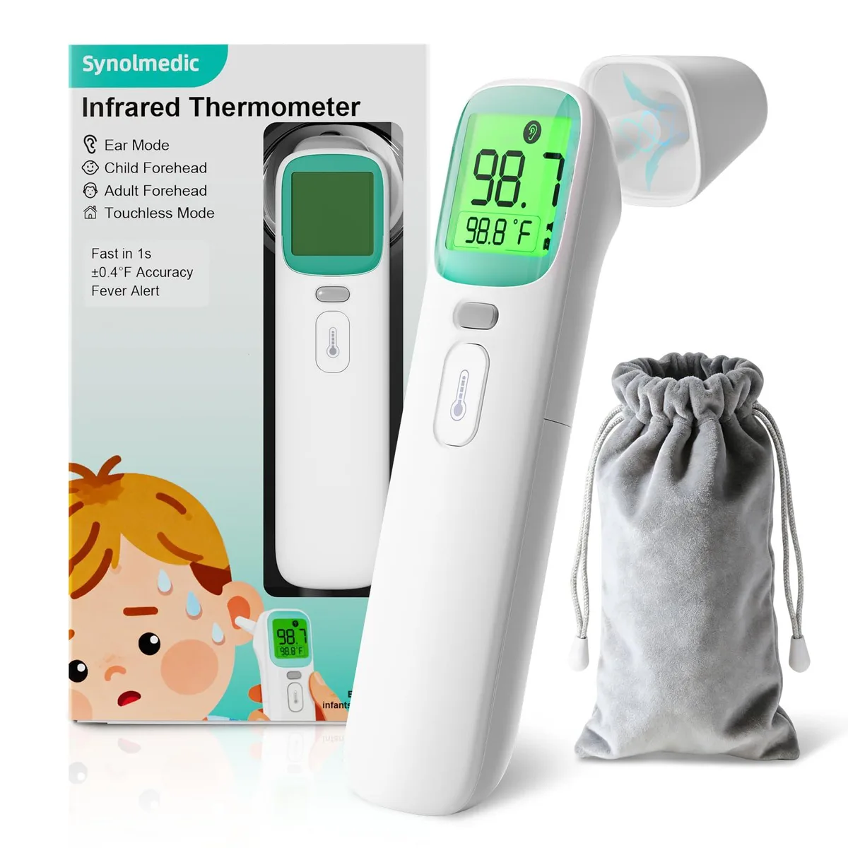 Green digital infrared thermometer with magnetic probe cover and backlit display