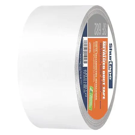 Silver duct tape roll on white background, polyethylene coated cloth backing, rubber adhesive, 10 mil thick
