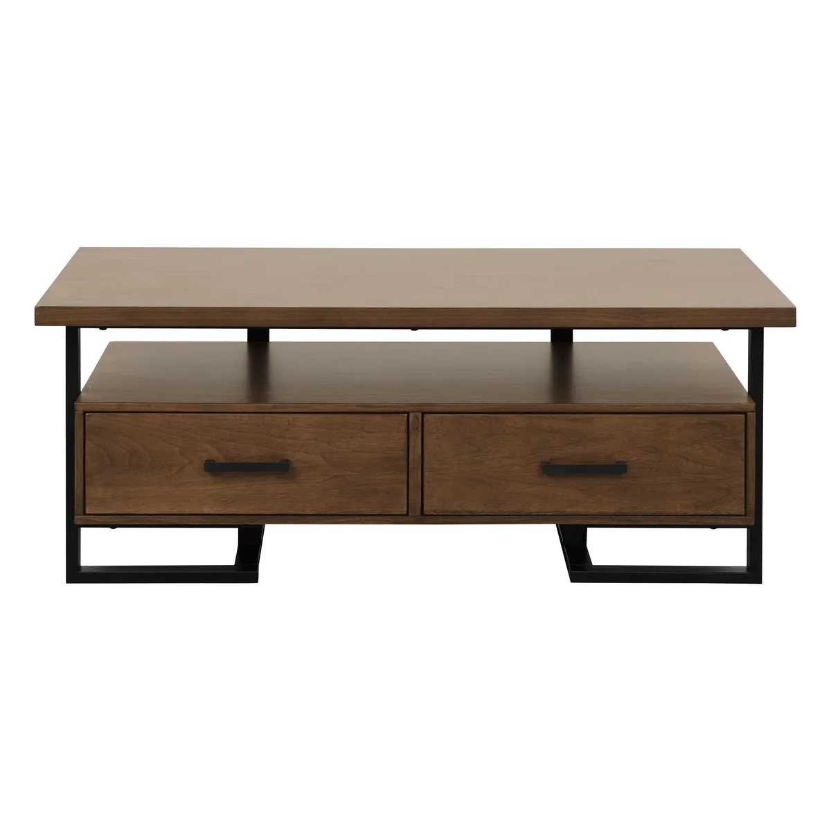 Rectangular walnut-top coffee table with black metal frame and two front drawers