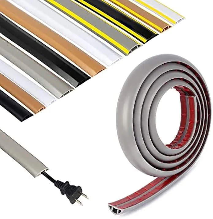 Grey rubber floor cable protector, low-profile strip with adhesive backing, coiled, four feet long