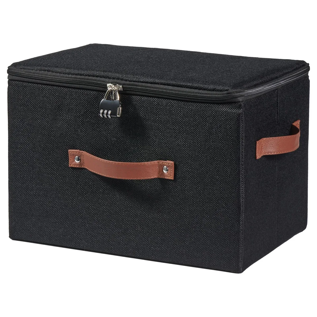 Twelve black fabric storage bins with zipper lids and combination locks, rectangular 15 by 10 by 10 inches