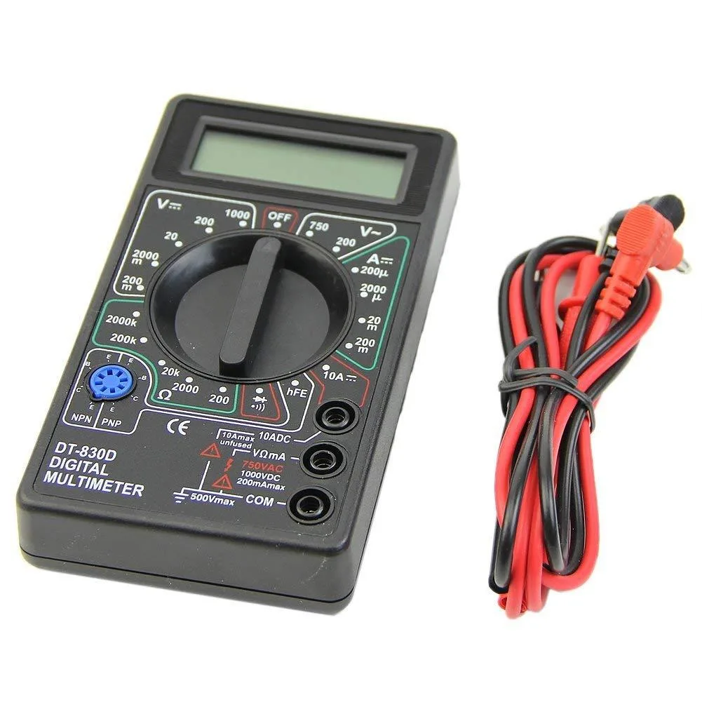 Handheld digital multimeter with LCD display and test leads