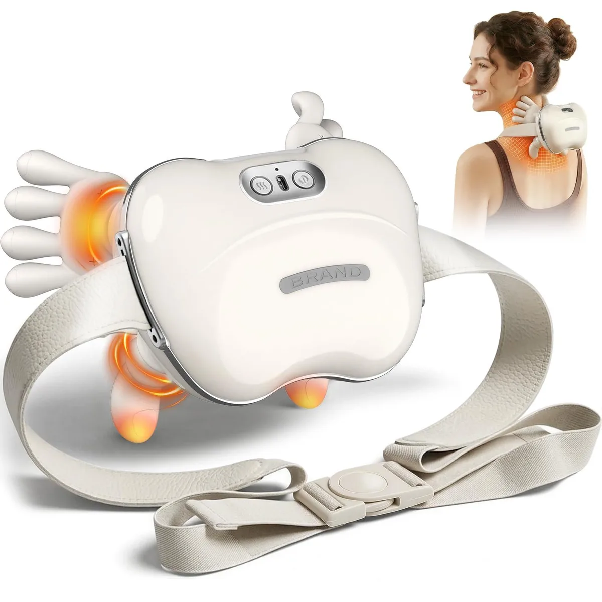 White U-shaped neck massager with flexible arms and massage nodes