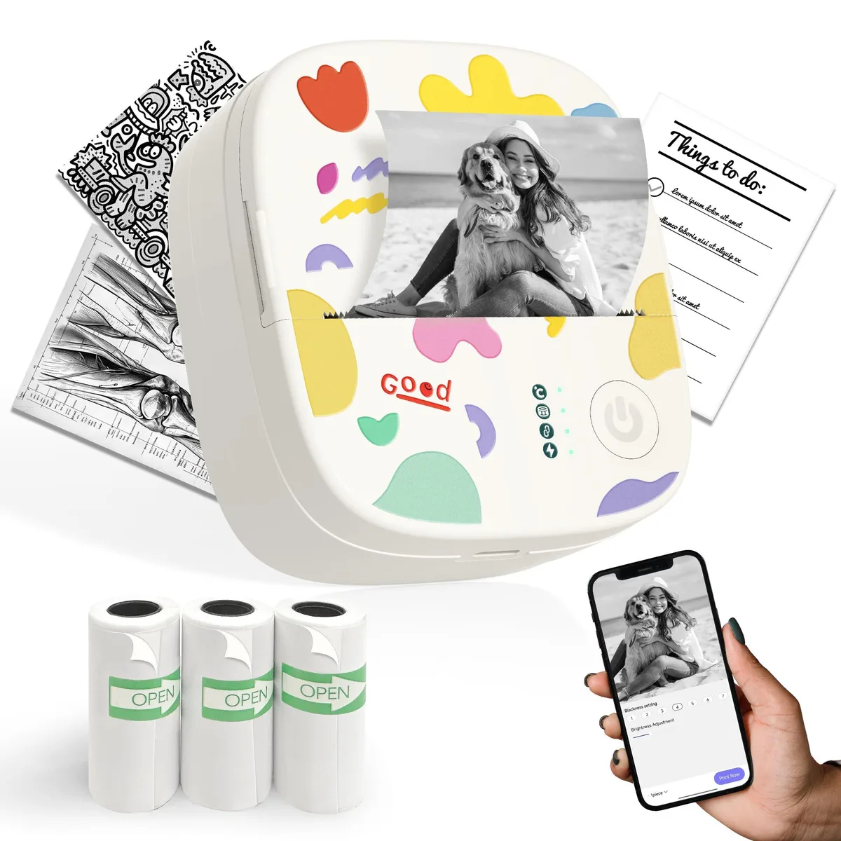Compact white thermal label printer with USB-C cable and paper rolls