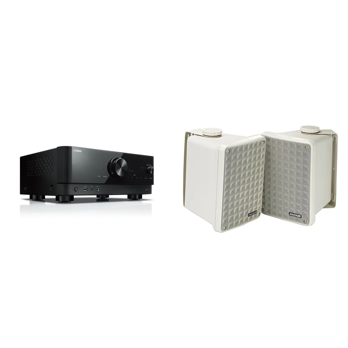 KICKER KICKER KB6B 2-Way Indoor/Outdoor Speakers (Pair) with Yamaha RX-V4ABL 5.2-Channel AV Receiver — product photo