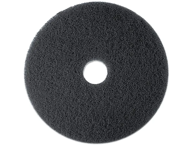 Five black 19-inch circular floor pads in carton