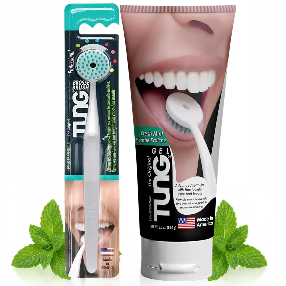 White plastic tongue brush with wide flat head and ergonomic handle beside mint gel tube in clear blister pack