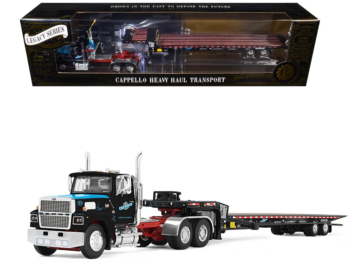 First Gear First Gear Ford LTL 9000 Day Cab &amp; Landoll 440B-50CA Trailer 1/64 Diecast Black Blue Hood Legacy Series #3 — product photo