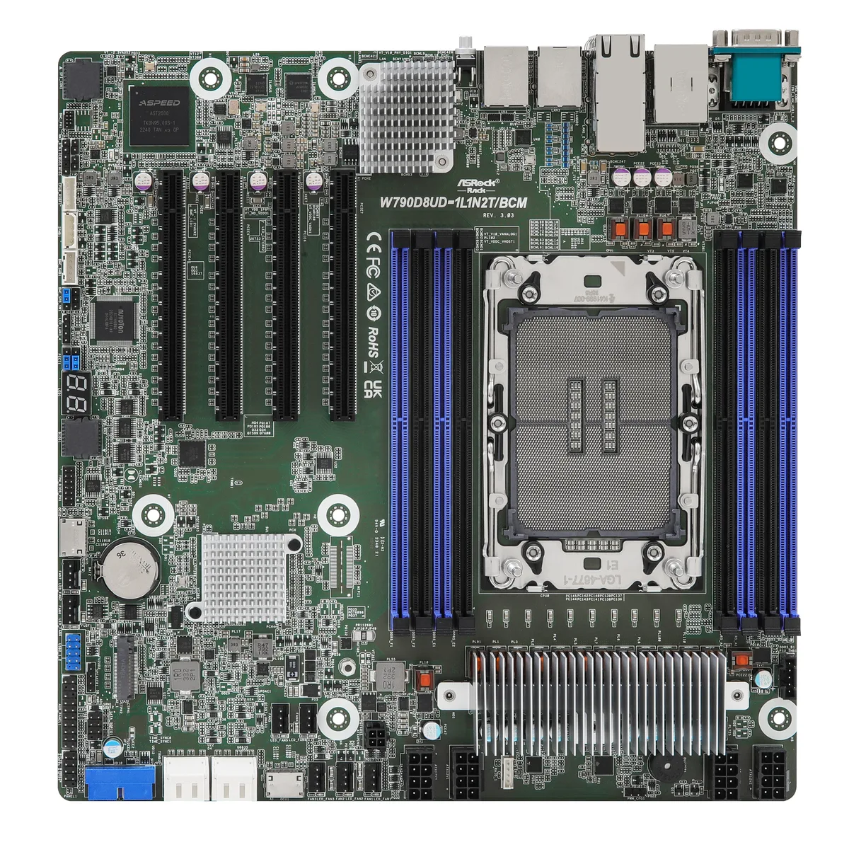 ASRock Rack ASRock Rack W790D8UD-1L1N2T/BCM server motherboard LGA 4677 8 DDR5 4 PCIe5.0 x16 2 OCuLink 1 M.2 2 10GbE — product photo