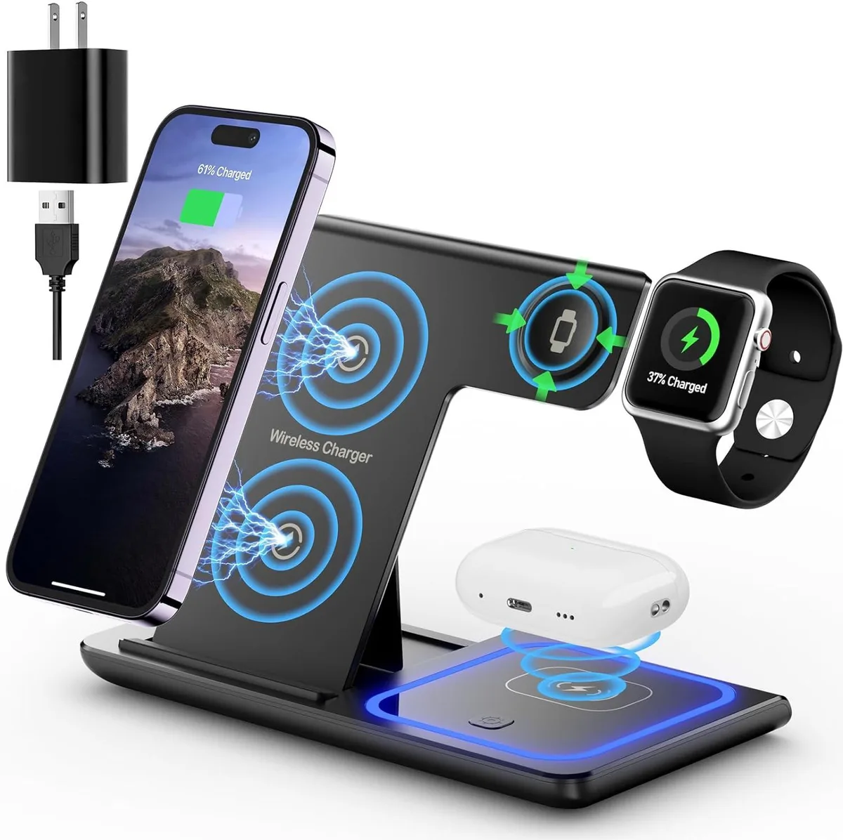 Compact foldable charging stand with phone, watch and AirPods pads in matte finish