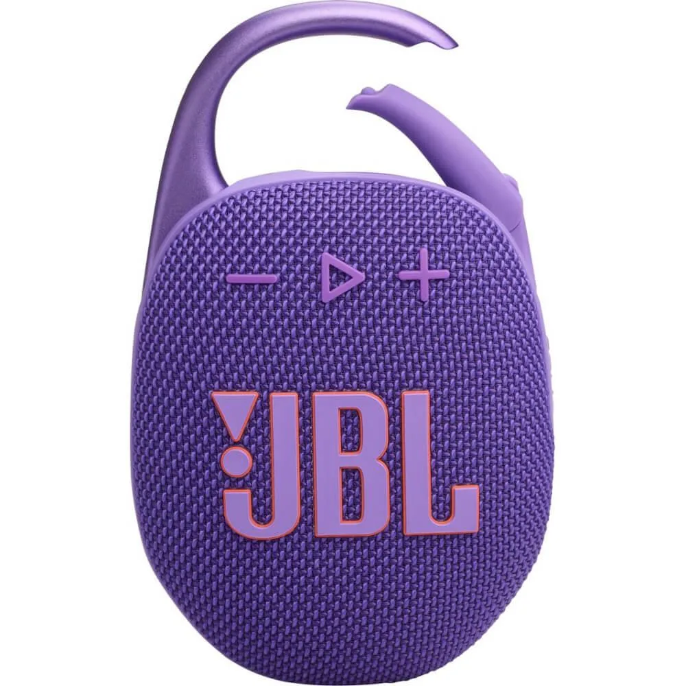 Small purple Bluetooth speaker with integrated carabiner clip