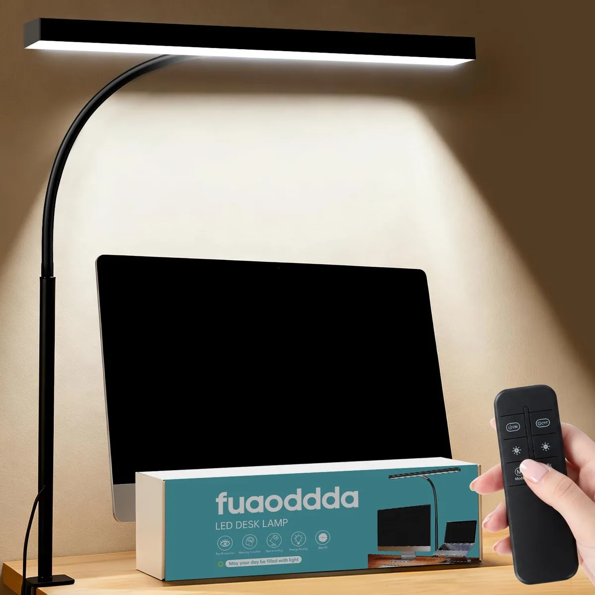 Black rectangular LED desk lamp with flexible gooseneck and clamp base, 38cm wide light bar