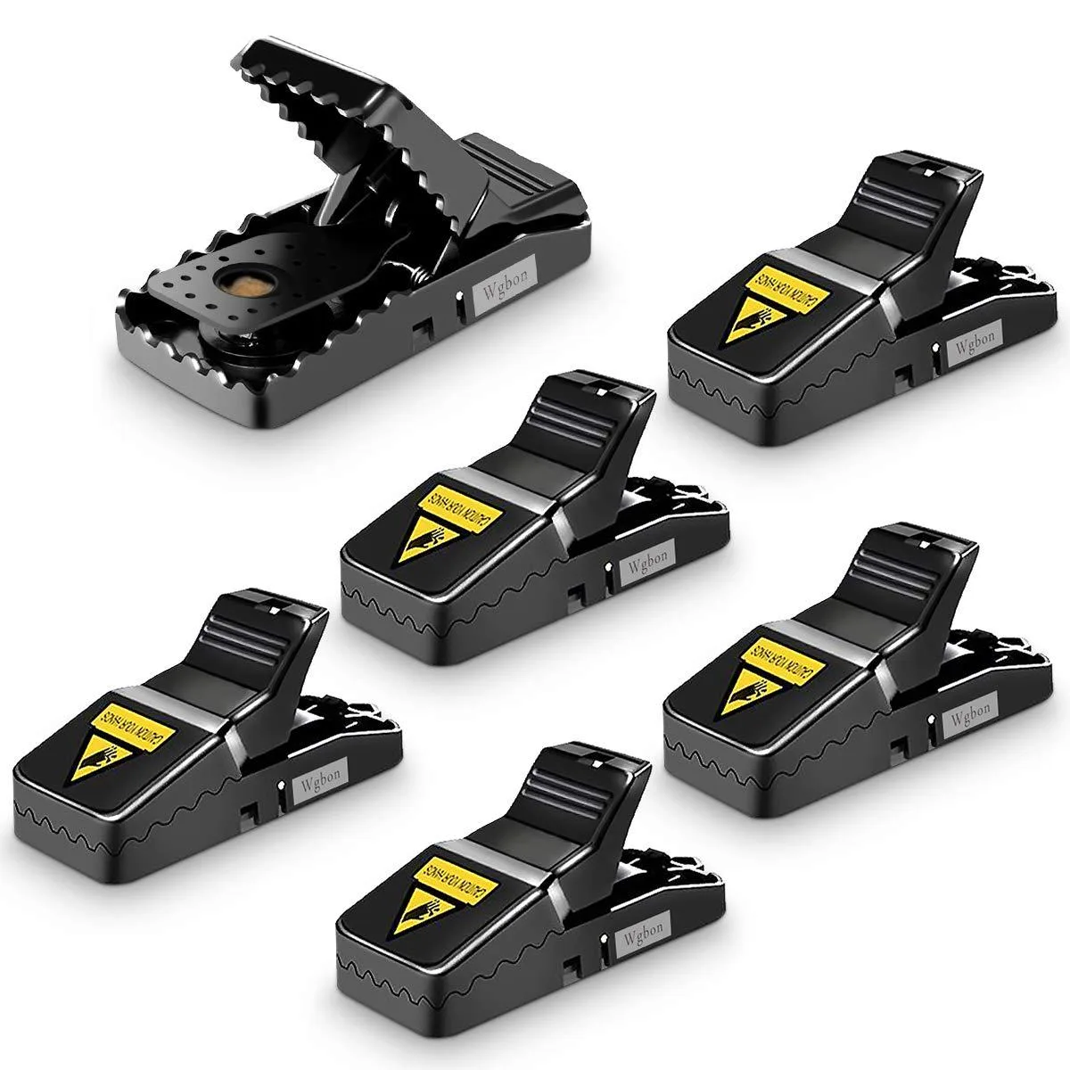 Six plastic snap traps with bait cups and stainless springs