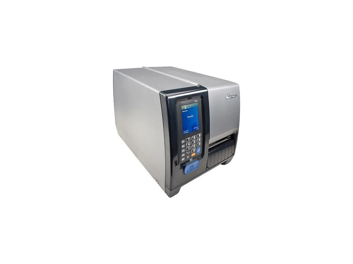 Intermec PM43 industrial label printer, grey metal housing with lockable door and colour touchscreen
