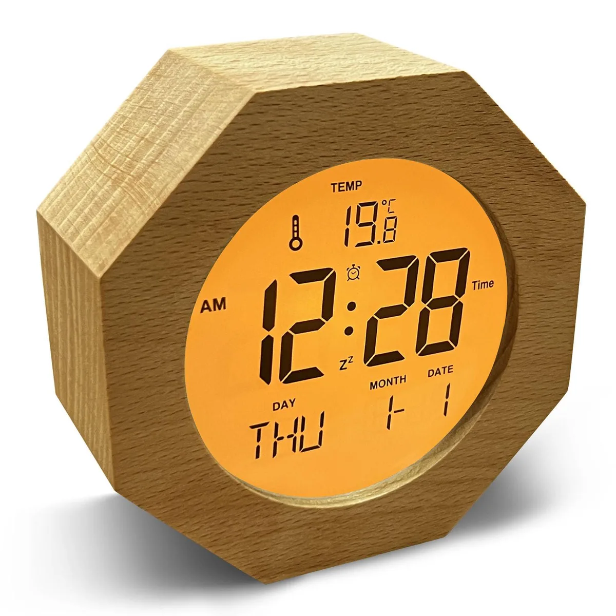 Octagonal wooden alarm clock with 4.0 inch LCD display showing orange light