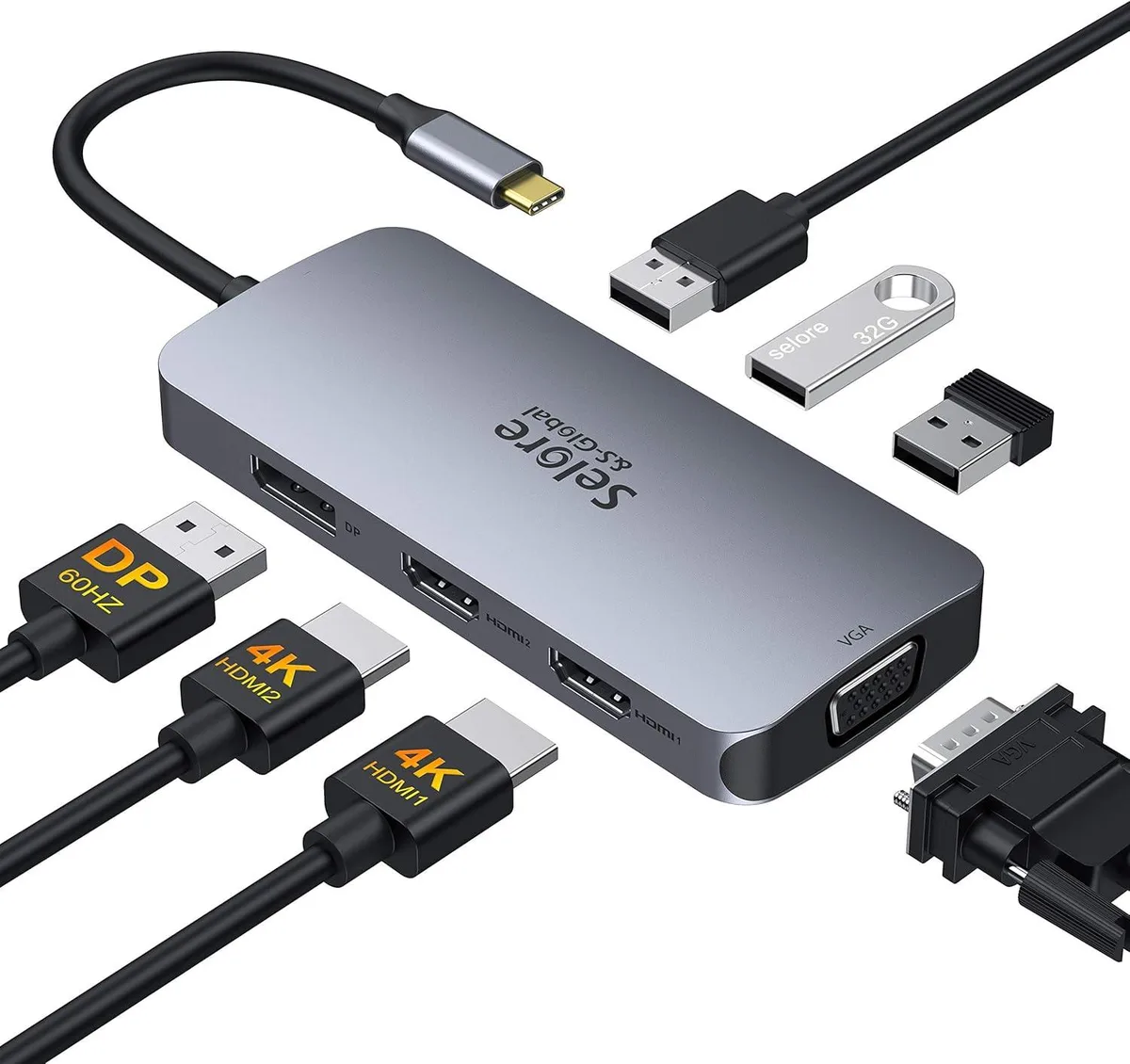 PISKEKAT PISKEKAT 7-in-1 USB-C Docking Station Dual HDMI DP VGA 3×USB 2.0 — product photo