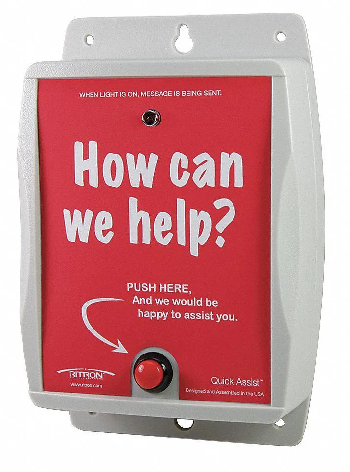 White polycarbonate wireless call button, sealed rectangular enclosure with large front button, internal antenna, VHF MURS band