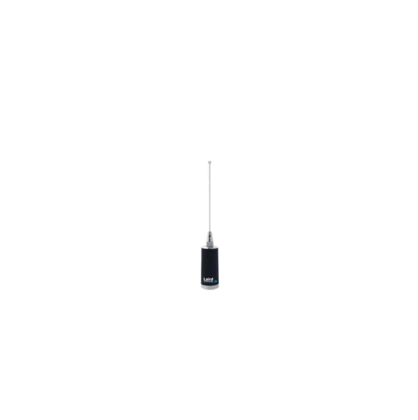Silver quarter-wave whip antenna with thick base coil and threaded NMO mount