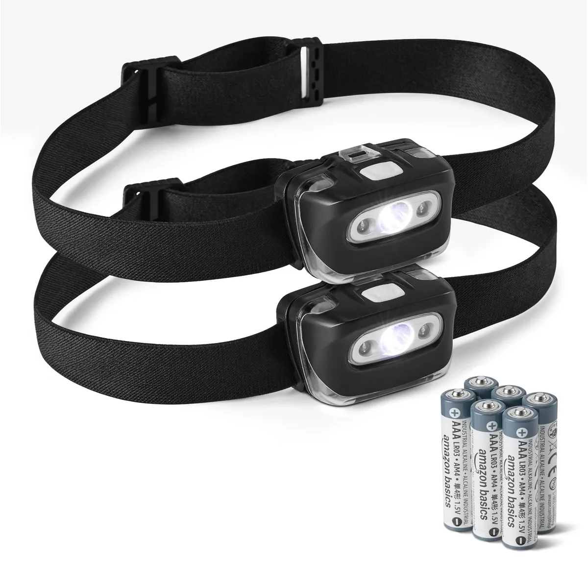 Two black rectangular headlamps with adjustable straps and angled light units