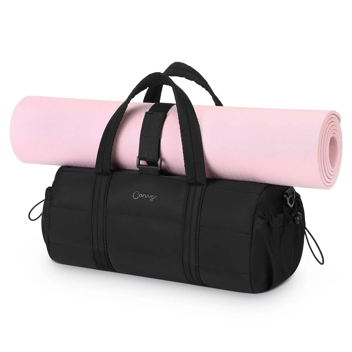 Black Swiss Gear duffel bag, cylindrical 20L shape, water-resistant nylon, zipper closure, adjustable shoulder strap