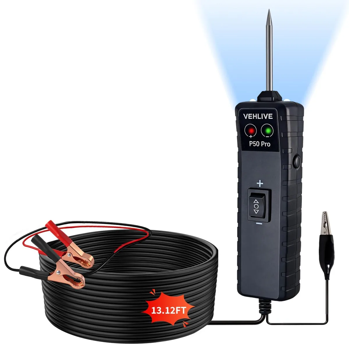 Hand-held automotive circuit probe tester with red and green indicator lights and dual front LEDs