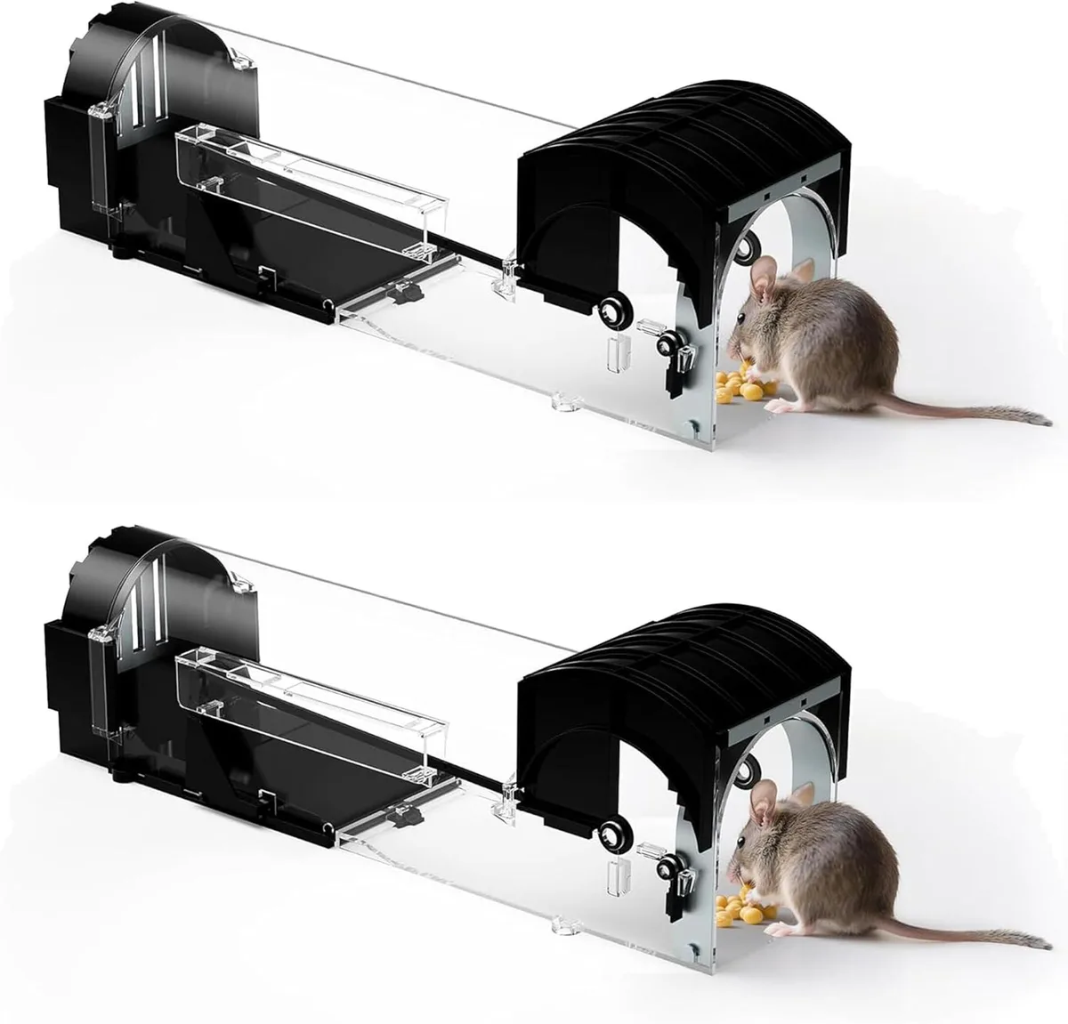 Two clear plastic humane mouse traps 12.2 inch long with spring doors