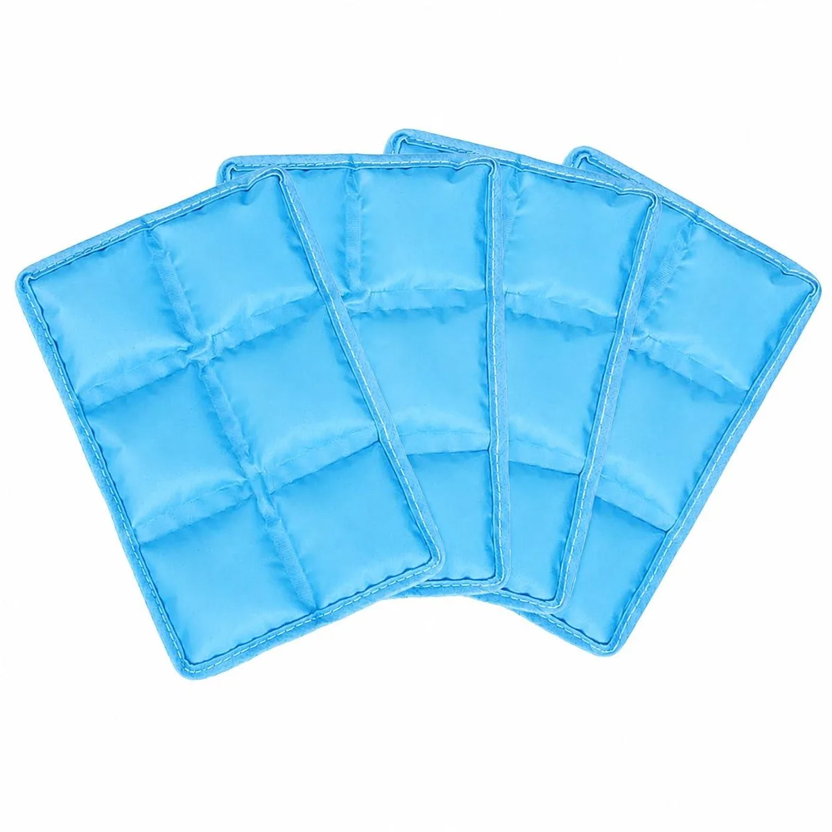 Four thin red silicone ice packs, flat and flexible