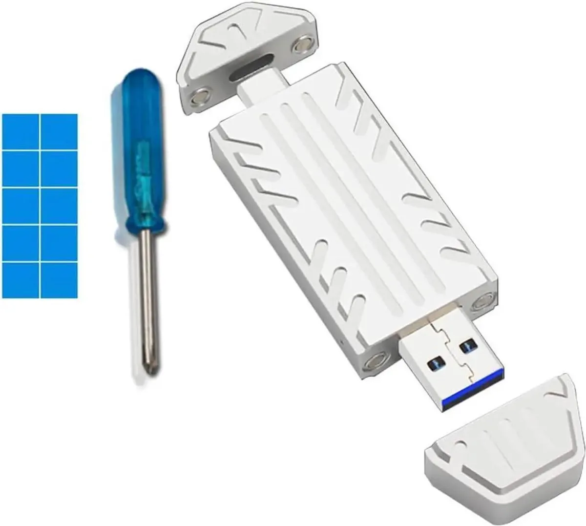 Compact 2230 NVMe enclosure with built-in USB-A and USB-C plugs