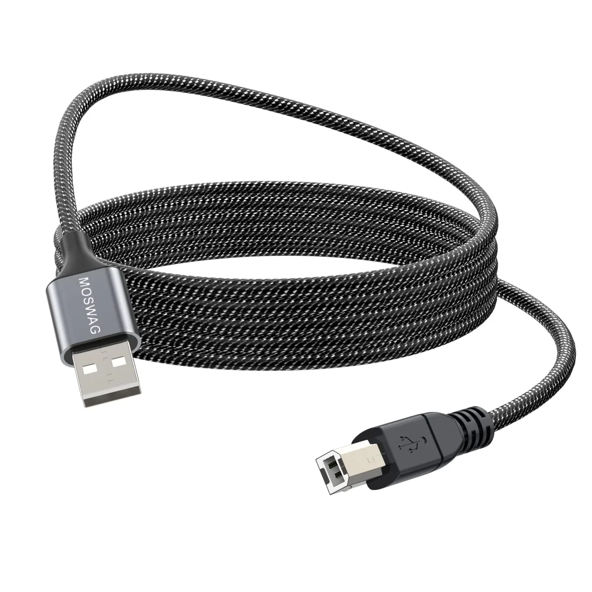 Black USB 2.0 A to B printer cable with nylon braided jacket, 3.28 ft