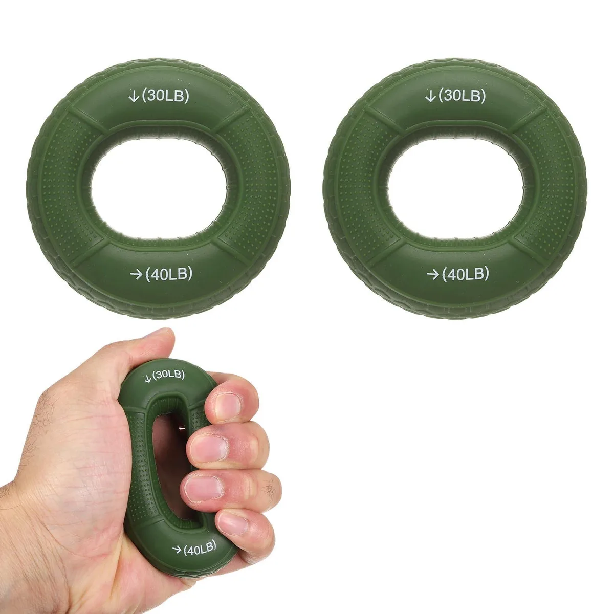 Green silicone ring grip trainer with blue TPR resistance band, 30-40LB resistance set