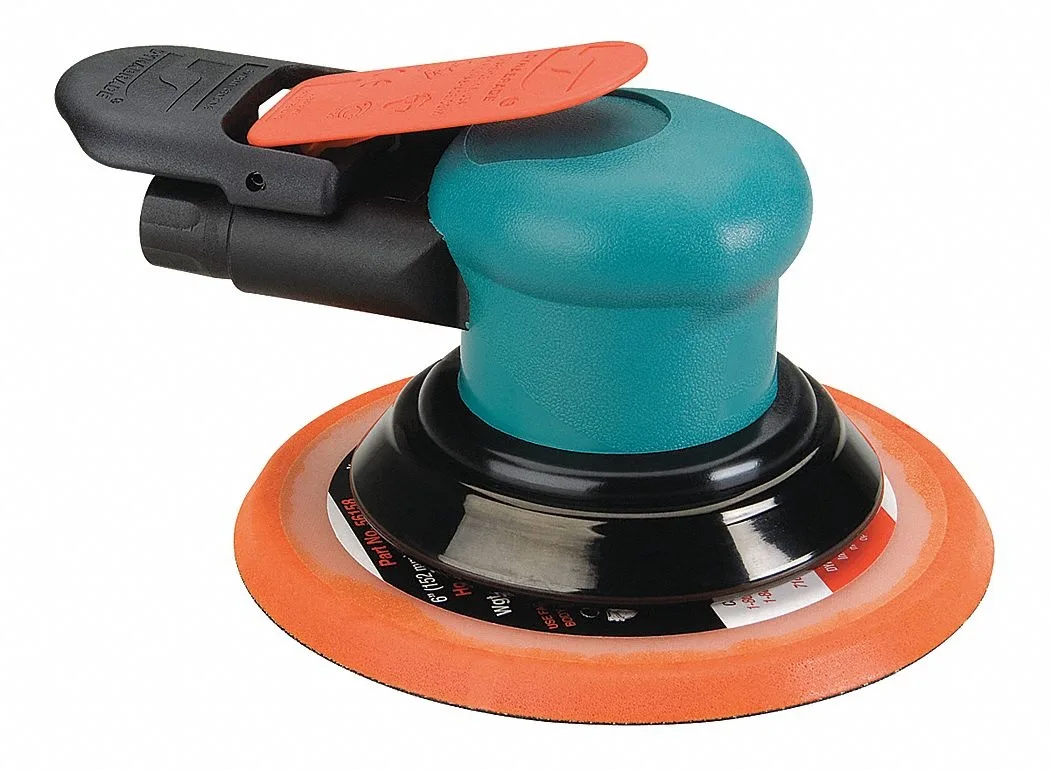 Silver palm-style air sander with 6-inch pad and rear exhaust