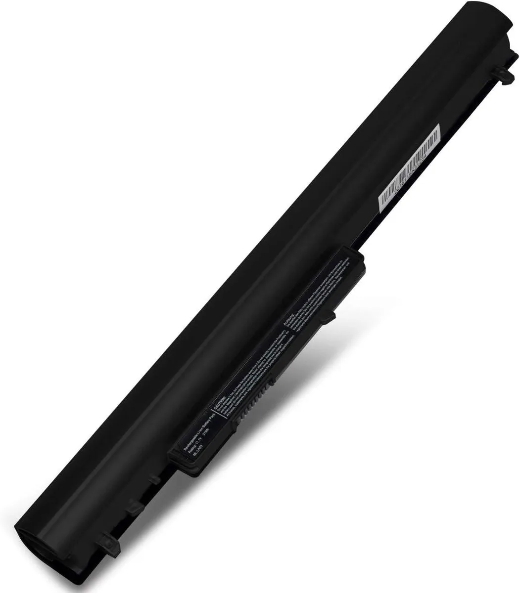 Rectangular black and silver lithium-ion laptop battery with three cells
