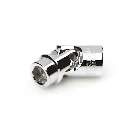 Polished chrome universal joint socket, compact 3/8 inch drive, shallow 6-point head, large size markings, beveled rim