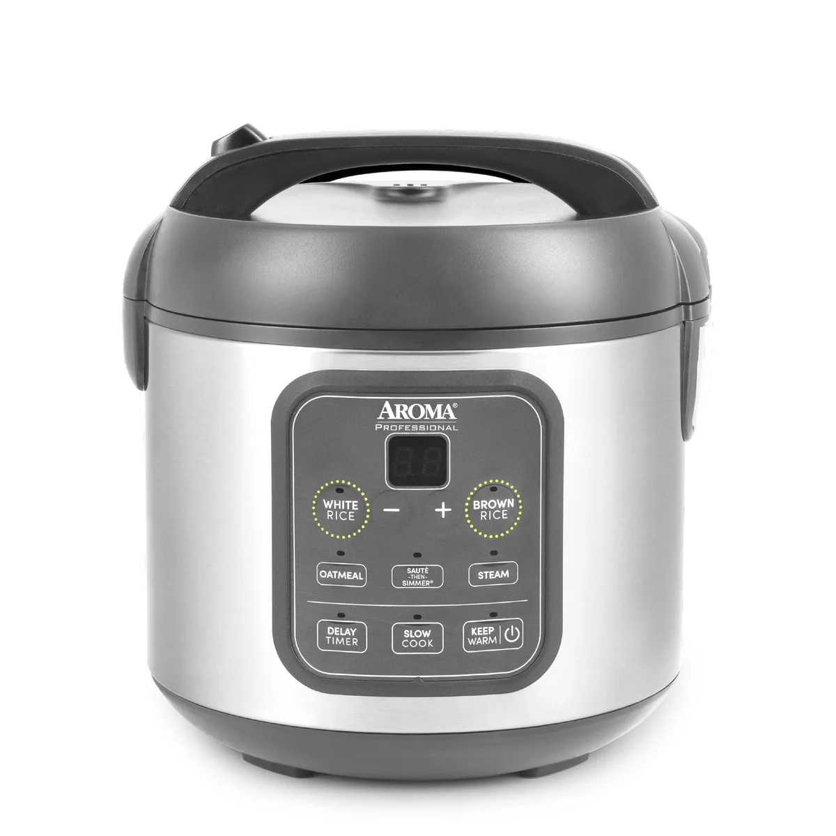 Gray compact digital rice cooker with stainless steel exterior and lid